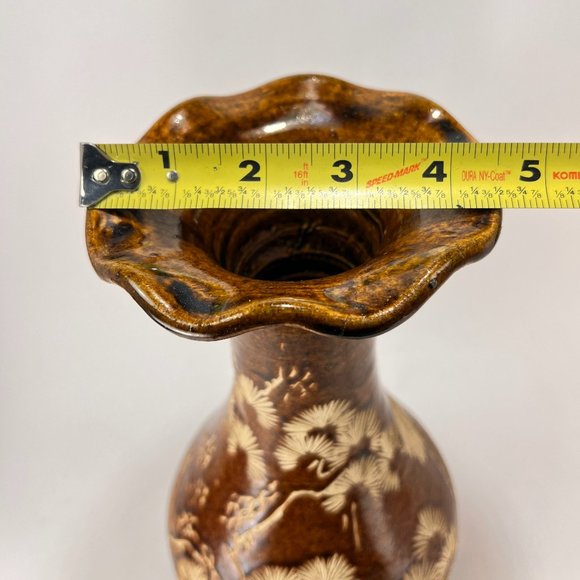 Sarawak Vase Clay Pottery Carved Crane Bird Glazed Brown Cream Ruffle Folk Art - Picture 12 of 13